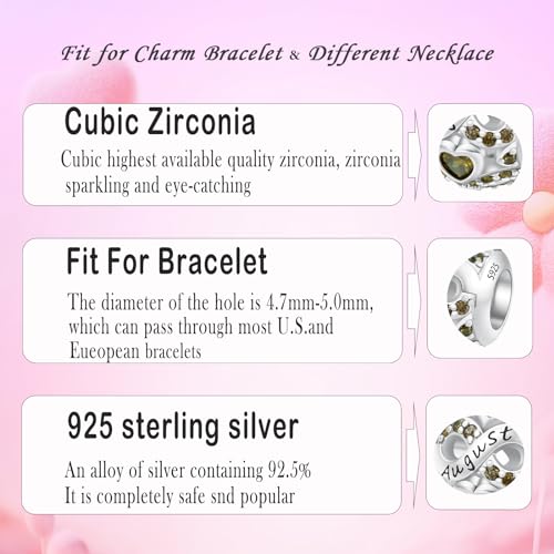 MICOO 925 Sterling Silver Jan-Dec Birthstone Charms For Bracelets and Necklaces, Original DIY Bead Charms With Cubic Zirconias Jewelry Birthday Gifts For Women. - color: 8-August Birthstone charm