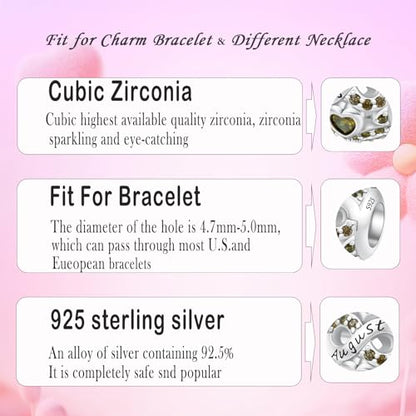 MICOO 925 Sterling Silver Jan-Dec Birthstone Charms For Bracelets and Necklaces, Original DIY Bead Charms With Cubic Zirconias Jewelry Birthday Gifts For Women. - color: 8-August Birthstone charm