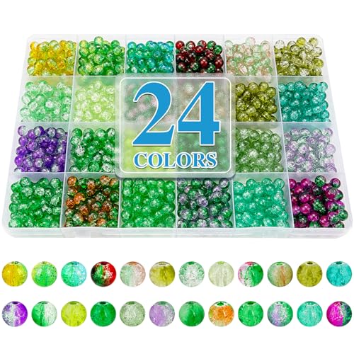 XSEINO About 1200pcs 6mm Crack Glass Beads Bracelet Making Kit,24 Style Crack Mystic Green Series Colorful Crystal Beads for Jewelry Bracelet Making,DIY Crafts,Friendship Bracelets - color: Mystic Green