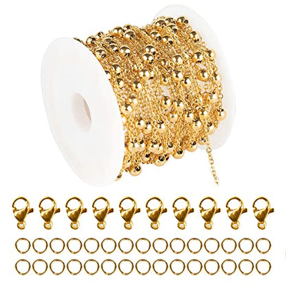 16.4 Feet Gold Stainless Steel Chains for Jewelry Making 4mm Ball Beaded Link Cable Chain Necklace Spool Bulk with 10 Lobster Clasps and 30 Jump Rings for Men Women - color: Gold Bead