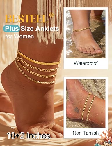 Besteel Ankle Bracelets for Women Waterproof 14K Gold Plated Anklets Set | Non Tarnish Stainless Steel, Plus Size Adjustable 8-12 Inch, Hypoallergenic Layered Cuban Link Chain Summer Foot Jewelry Gift - style: 4 Pcs Gold Cuban-10+2 Inch