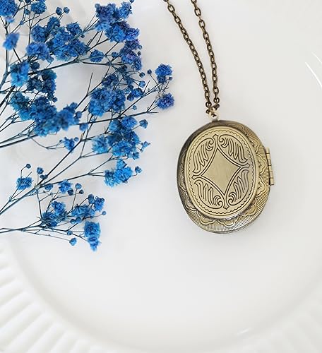 Handmade Oval Shaped Photo Locket with dried Pressed Flowers Locket pendant Necklace - style: Forget Me Not