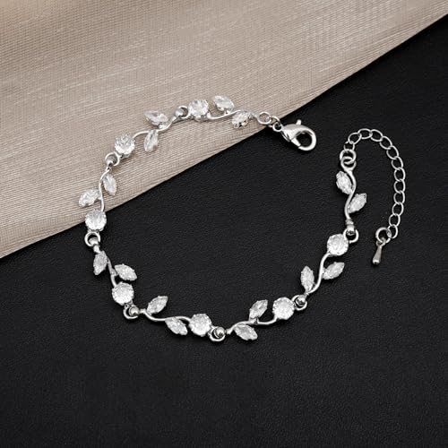 Elegant Bridal Jewelry Sets for Wedding Bride Leaf Shape Cubic Zirconia Necklace Earrings Bracelet Set Prom Costume Accessories - color: 3Pcs-Silver-Cubic Zriconia