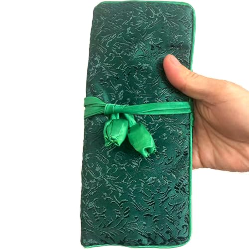 Embroidery Travel Jewelry Roll Bag, Western Floral Embroidered Brocade Jewelry Organizer, Portable Tie Closure Jewelry Pouch Storage Case for Women (Green) - color: 06 Green