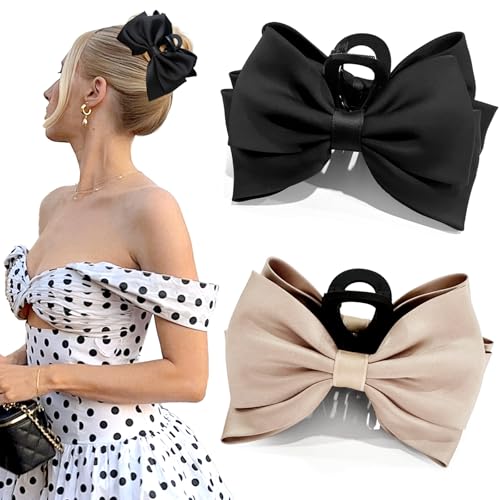 ISCRM Bow Hair Claw Clips for Women/Girls,Strong Hold Large Bow Claw Clip for Thick/Thin Hair Claws,Nonslip Silky Big Hair Bows Ribbons,Cute Hair Styling Accessories Gifts (black,champagne) - color: black,champagne