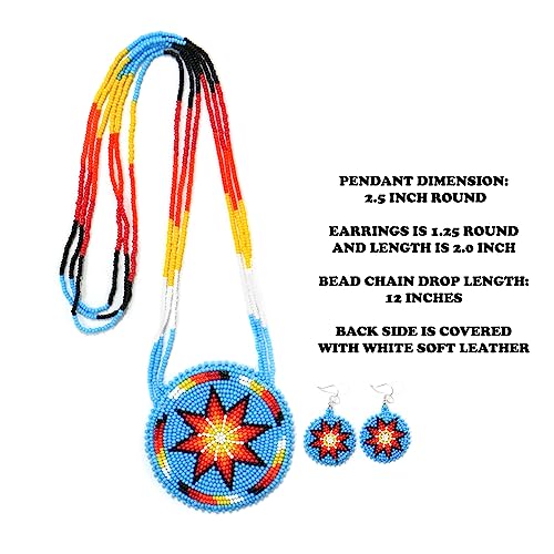 Handmade Native American Style Tribal ethnic Seed Bead Beaded Layered Medallion Necklace - color: Morning Star - Skyblue