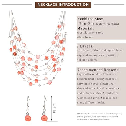 Multi-Layer Boho Shell Beaded Necklace for Women Colorful Crystal Strand with Silver Beads Statement Collars Necklace and Earrings Costumes Jewelry Sets for Women - color: Pink
