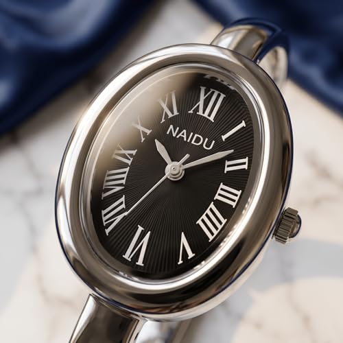 Women's Oval Bangle Watch, Elegant Open-Cuff Bracelet Wrist Watch with Roman Numeral Dial, Minimalist Luxury Fashion Quartz Watch for Ladies - color: Silver/Black