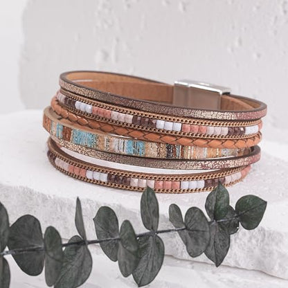 Boho Layered Leather Wrap Bracelets Chunky Western Country Hippie Jewelry | Stackable Bohemian Cowgirl Magnetic Clasp Cuff Bangle Set Fashion Stack Statement Festival Trendy Jewelry Gifts for Women - color: Brown