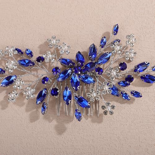 Teyglen Blue Rhinestone Wedding Hair Comb with Pearl Crystal Flower Headpiece for Women - color: Blue