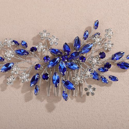 Teyglen Blue Rhinestone Wedding Hair Comb with Pearl Crystal Flower Headpiece for Women - color: Blue