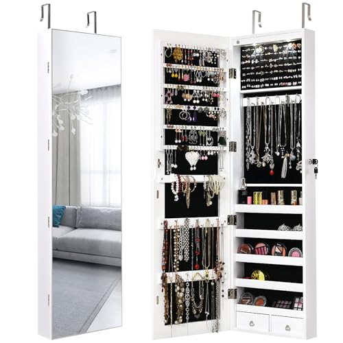 GIANTEX Wall Door Mounted Jewelry Armoire Cabinet with 47.5" Full Length Mirror, 2 LEDs Lockable Jewelry Organizers and Storage with 2 Drawers, Over the Door Jewelry Organizer Cabinet (White) - color: White, size: 47.5'' H