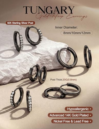 Tungary Small Gold Hoop Earrings for Women Huggie CZ Hoops Earring Stacks | Hypoallergenic Earing Hoops for Sensitive Ears, Earrings Stack Set for Cartilage, Secure Clasp, Silver/Black/14K Gold Plated - color: Black-Sterling Silver Post