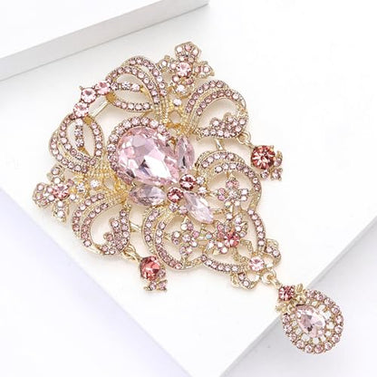 YOQUCOL Retro Austrian Crystal Big Brooch Pin for Women Large Flower Shape Brooches Lapel Pins for Sweater,Coat Dress Accessories - color: A-Pink