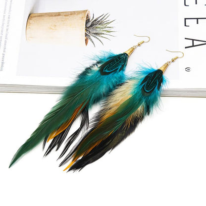Boho Colorful Feather Dangle Earrings Handmade Beads Taseel Fashion Earrings for Women - color: Peacock Blue
