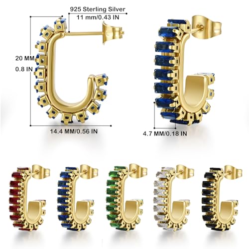 Green Crystal huggie gold hoop earrings for women Girls,14K Gold Plated with 925 Sterling Silver Post color Cubic Zirconia dainty cute Earrings| CZ Stud Earring - color: Blue stone