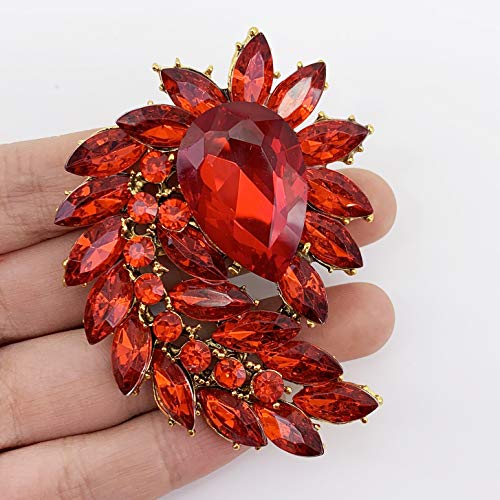 SELOVO Marquise Shape Rhinestone Red Leaf Costume Brooch Pin Jewelry Antiqued Gold Tone - color: Red