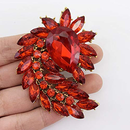 SELOVO Marquise Shape Rhinestone Red Leaf Costume Brooch Pin Jewelry Antiqued Gold Tone - color: Red