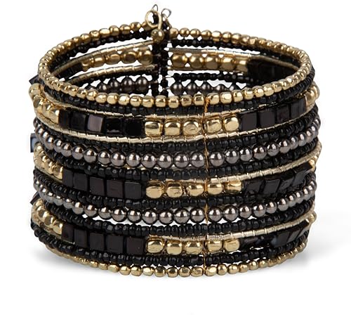 SPUNKYsoul Boho Cuff Bracelets, Women Adjustable Stackable Beaded Accessory | Adjustable Bohemian-Inspired Design, Trendy Wrist Ornament, Versatile For Occasions Or Everyday Wear, Unique Style Jewelry - style: "Blake" Black & Gold Cube