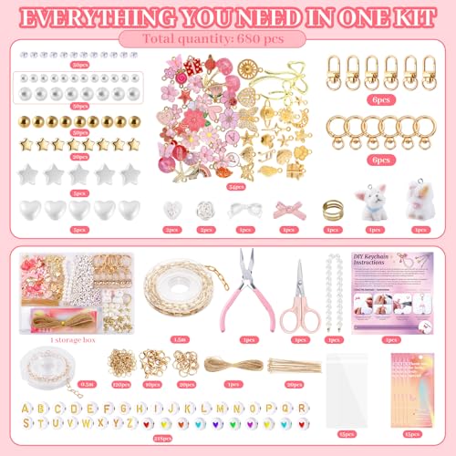 Wurosi Pink 680PCS Keychain Making Kit DIY Crafts, DIY Bag Charm Kit | Includes 78.74 Inch Chains,Tools,Charms and Packaging Supplies, Create Custom Bag Charms Keyrings and Lip Gloss Holders - color: 680 Pcs Pink Keychain Kit