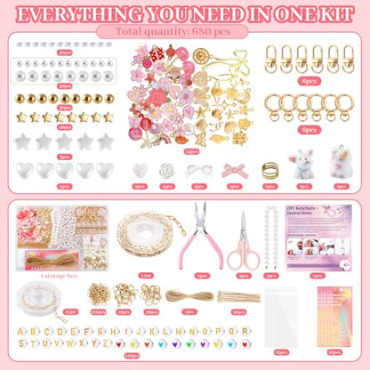 Wurosi Pink 680PCS Keychain Making Kit DIY Crafts, DIY Bag Charm Kit | Includes 78.74 Inch Chains,Tools,Charms and Packaging Supplies, Create Custom Bag Charms Keyrings and Lip Gloss Holders - color: 680 Pcs Pink Keychain Kit