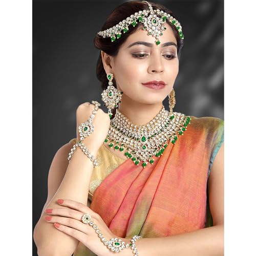 Aheli Bollywood Style Indian Bridal Choker Necklace Matha Patti Nose Ring Haath Phool Wedding Fashion Bharatanatyam jewellery set for Women - color: Green 2