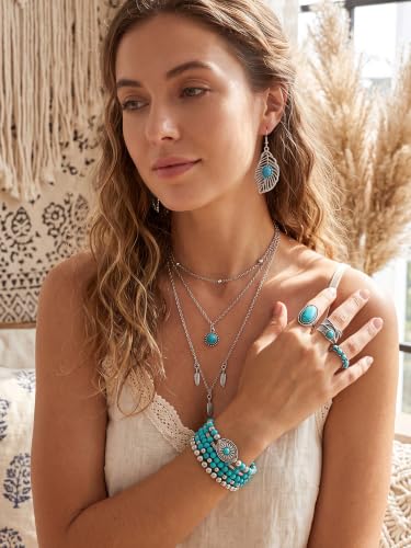 Ecally Bohemian Western Jewelry Turquoise Set Women Country Pendant Long Choker Layered Bracelets Earrings Ring for Women - color: Turquoise, style: Modish