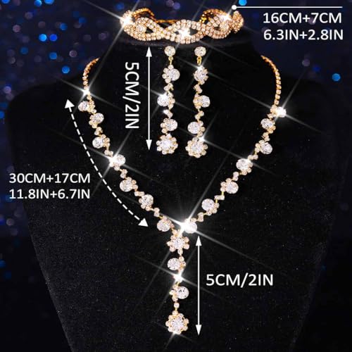Silver Wedding Jewelry Sets Rhinestone Necklace Earrings Bracelet Set Prom Formal Costume Jewelry for Women and Brides - color: Gold