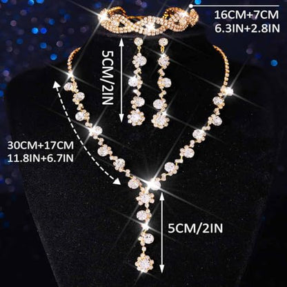 Silver Wedding Jewelry Sets Rhinestone Necklace Earrings Bracelet Set Prom Formal Costume Jewelry for Women and Brides - color: Gold