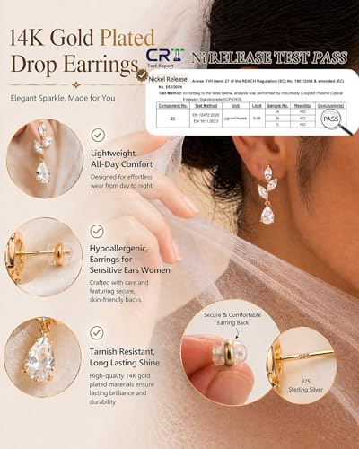 14K Gold Plated/Sterling Silver CZ Pearl Drop Dangle Earrings for Women - color: Gold-Flower Drop CZ