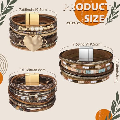 Inbagi 3 Pcs Bohemian Bracelet for Women Faux Leather Cuff Bracelet Heart Rhinestone Bead Multi Layer Western Jewelry Crystal Wristbands - style: Bohemian