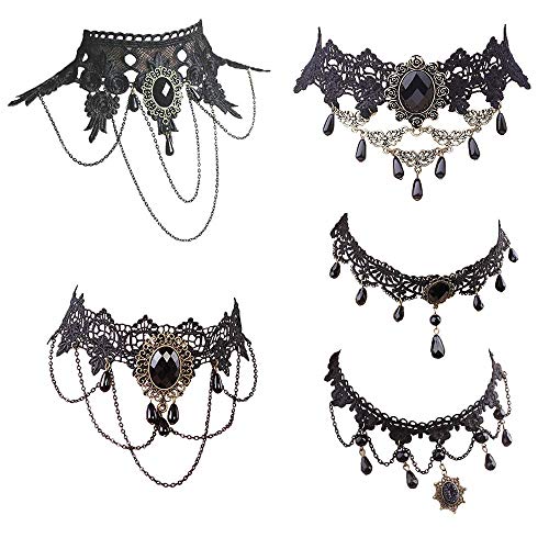 Halloween Women Lady Goth Punk Necklace Lace Collar Choker Wedding Jewelry | Dumcondy Black Steampunk Elegant Sexy Statement Retro Victorian Cosplay Night Club Party Princess Neck Chain (5 Pieces/Set)