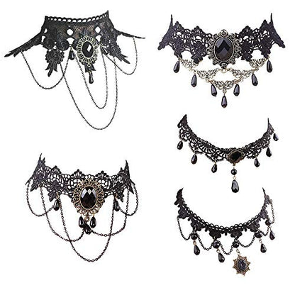 Halloween Women Lady Goth Punk Necklace Lace Collar Choker Wedding Jewelry | Dumcondy Black Steampunk Elegant Sexy Statement Retro Victorian Cosplay Night Club Party Princess Neck Chain (5 Pieces/Set)