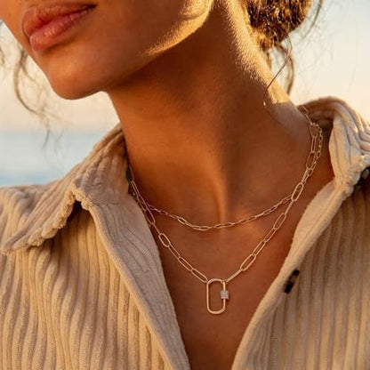 Chunky Gold Necklace for Women, 18K Waterproof Heart Necklace Statement Necklace Gold Charm Necklace Chunky Jewelry Paperclip Chain Choker Gift for Women - style: Oval Lock Carabiner