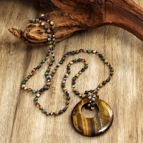 Yomisa Long Necklaces for Women Trendy, 33/34/35 inch | Boho Beaded Necklaces for Women, Natural Stone Pendant, Handmade Knotted Bead, Bohemian Holiday Summer Western Charm Jewelry - color: 33inch-Tiger Eye