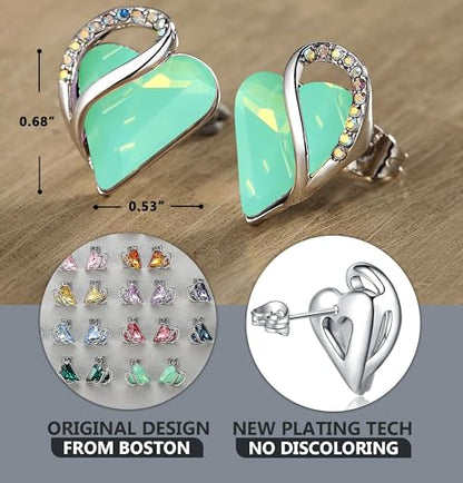 Infinity Love Heart Stud Earrings for Women, Birthstone and Healing Stone, Gifts for Mom, Wife, and Her, Silver Plated - color: 13-Healing Stone for Luck-Jade Opal Green
