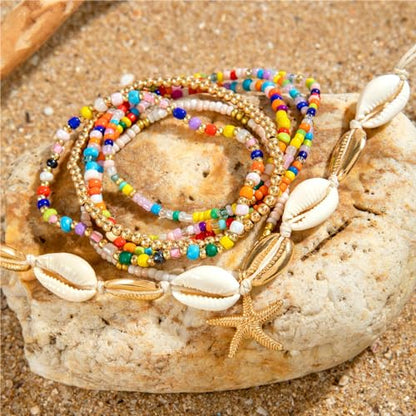 Bohemian Stackable Shell Beaded Ankle Bracelets for Women Colorful Boho Multi-Layer Seashell Gold Starfish Adjustable Handmade Braid Bracelet Summer Beach Holiday Accessories Gifts - color: Multi
