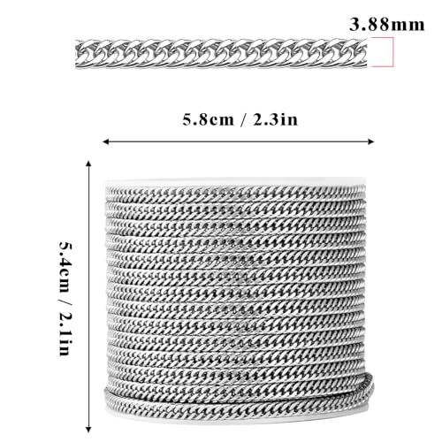 33FT Stainless Steel Cuban Chain 3.8mm Double Link Chain for Jewelry Making | Diamond-Cut Silver Curb Chain Roll Bulk for Necklace Bracelet Crafts - color: 3.88mm curb chain