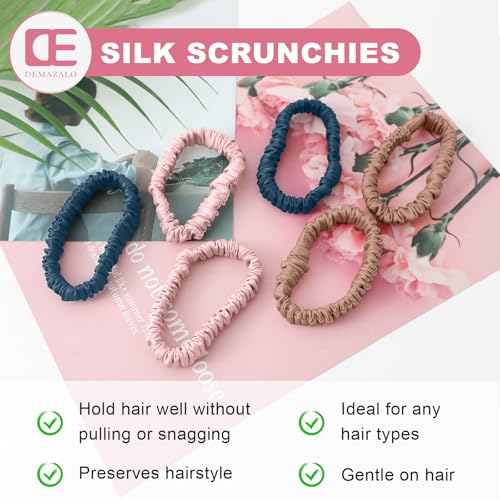 6Pcs Silk Hair Ties 100% Pure Mulberry Silk Scrunchies for Women Girls | No Hair Crease, Anti Frizz, Gentle Hold, No Damage, Color 06 - color: Curry&Navy&Pink