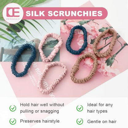 6Pcs Silk Hair Ties 100% Pure Mulberry Silk Scrunchies for Women Girls | No Hair Crease, Anti Frizz, Gentle Hold, No Damage, Color 06 - color: Curry&Navy&Pink