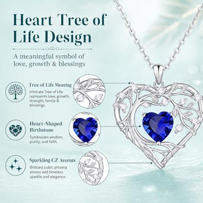 Gamtic Tree of Life Birthstone Pendant Necklace - Heart Cubic Zirconia Diamond Necklace Birth Month Necklaces Birthday Gift for Her Wife Mom Daughter Grandma Girlfriend Anniversary Jewelry Gift - style: September