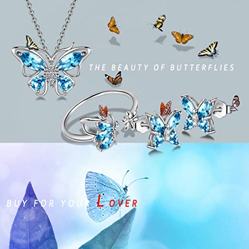 925 Sterling Silver Birthstone Butterfly Jewelry Women Crystal Animal Cute Butterflies Birthday Necklace/Earring/Ring/Bracelet Sets Birth Stone Statement Anniversary Jewellery - color: 2-C.March-Aquamarine