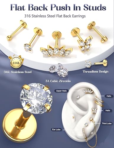 LOLIAS Hypoallergenic Gold Threadless Flat Back Stud Earrings for Women | 20G 18G 16G Surgical Steel Earrings Push in Nose Studs CZ Cartilage Earring Set Labret Helix Tragus Conch Piercing Jewelry - color: 14K Gold, size: 20G(0.8MM)-Heart&Flower
