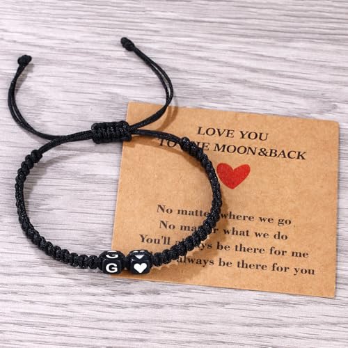 Valentines Day Gifts for Him Her Heart Love Letter Initial Matching Couple Bracelets for Women Men Teen Gifts Best Friend Graduation Birthday Gifts A-Z Braided Bracelet Son Daughter Dad Jewelry - color: Black-G