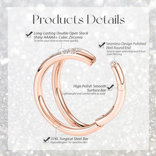 GAGABODY Conch Piercing Double Open Stack with CZ 16 Gauge Hoop Earrings 18g Septum Jewelry 20g Septum Ring Daith Earrings 316L Surgical Steel Lip Rings Helix Rook Cartilage Earrings Hoop - color: Style9:Rose Gold+Double Hoop CZ