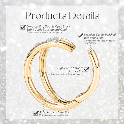 GAGABODY Conch Piercing Double Open Stack with CZ 16 Gauge Hoop Earrings 18g Septum Jewelry 20g Septum Ring Daith Earrings 316L Surgical Steel Lip Rings Helix Rook Cartilage Earrings Hoop - color: Style12:Gold+Double Hoop OPAL&CZ