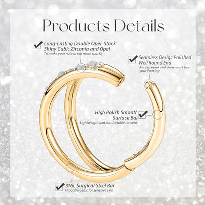 GAGABODY Conch Piercing Double Open Stack with CZ 16 Gauge Hoop Earrings 18g Septum Jewelry 20g Septum Ring Daith Earrings 316L Surgical Steel Lip Rings Helix Rook Cartilage Earrings Hoop - color: Style12:Gold+Double Hoop OPAL&CZ