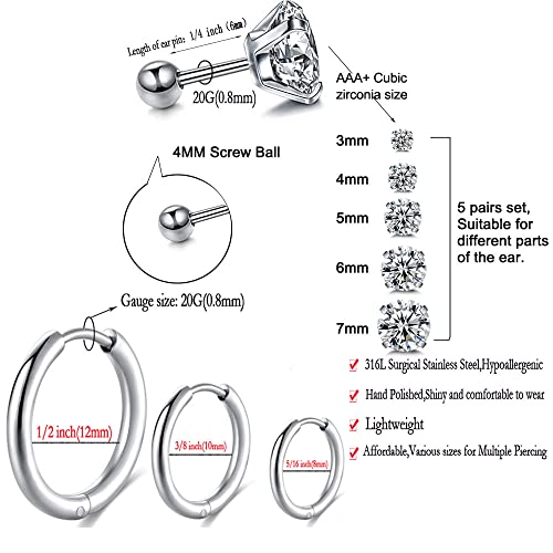 Surgical Stainless Steel Stud Earrings Hoop Earrings for Women Men 14K Gold Plated Hypoallergenic Cartilage Earrings Flat Back CZ Earrings Set Dainty Multiple Piercing Pack of 8 Pairs - color: Ball back (Silver)