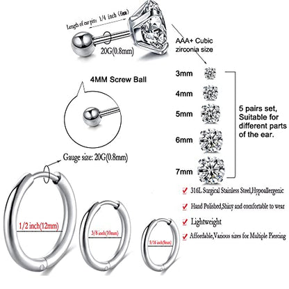 Surgical Stainless Steel Stud Earrings Hoop Earrings for Women Men 14K Gold Plated Hypoallergenic Cartilage Earrings Flat Back CZ Earrings Set Dainty Multiple Piercing Pack of 8 Pairs - color: Ball back (Silver)