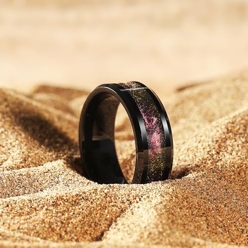 King Will Mens Galaxy Tungsten Wedding Band | 6mm/8mm, Beveled Edge, Comfort Fit, Durable, Sandstone Opal Inlay Polished, Everyday Wear - color: Black&Red&Yellow
